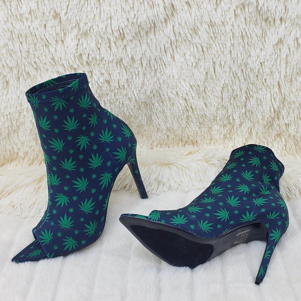 Navy Blue high heel ankle boot Pot Leaf Print - Picture 5 of 11